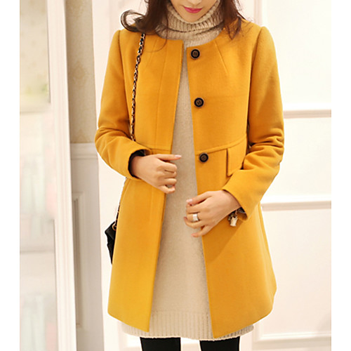 

Women's Coat Daily Long Coat Turtleneck Slim Basic Jacket Long Sleeve Solid Colored Yellow Black / Plus Size