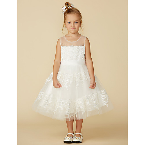 

A-Line Tea Length Flower Girl Dresses Wedding Lace Sleeveless Jewel Neck with Lace / First Communion