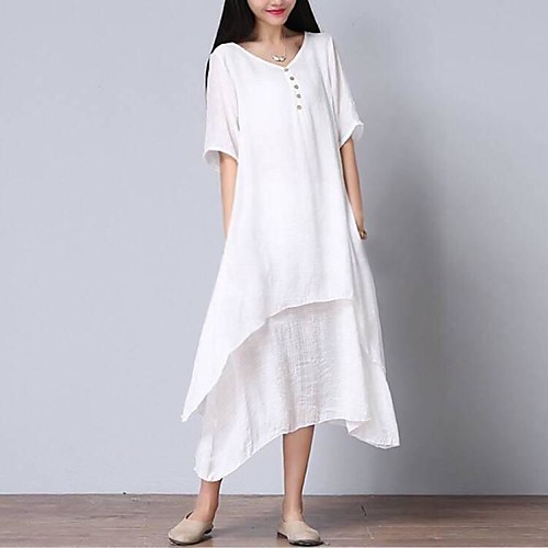 

Women's Loose Midi Dress White Short Sleeve White Solid Colored Layered Summer V Neck Loose Asymmetrical M L XL XXL 3XL 4XL / Cotton / Plus Size / Plus Size / Cotton