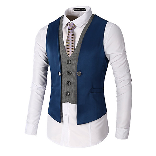

Men's Vest Work Fall Spring Regular Coat V Neck Regular Fit Jacket Sleeveless Color Block Patchwork Blue Khaki