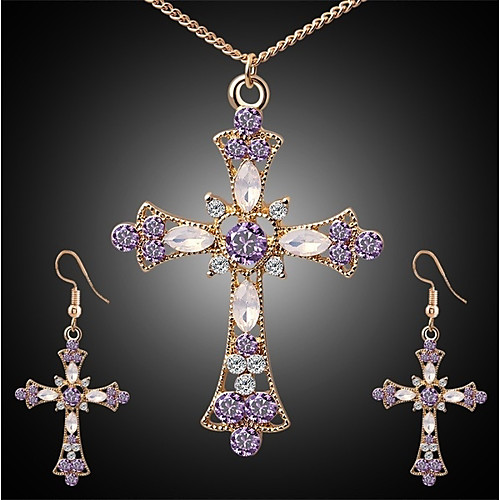 

Women's AAA Cubic Zirconia Amethyst Drop Earrings Necklace Hanging Cross Earrings Hollow Out Cross Ladies Stylish Classic Rhinestone Earrings Jewelry Gold For Daily 1 set