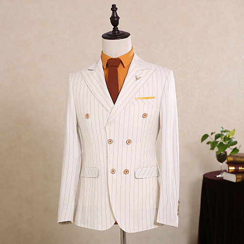 

Men's Party / Evening Suits Peak Tailored Fit Double Breasted Six-buttons Straight Flapped Striped Polyester