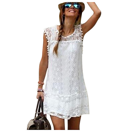 

Women's Shift Dress Short Mini Dress White Black Red Navy Blue Sleeveless White Solid Colored Lace Summer Round Neck Lace S M L XL XXL 3XL 4XL 5XL