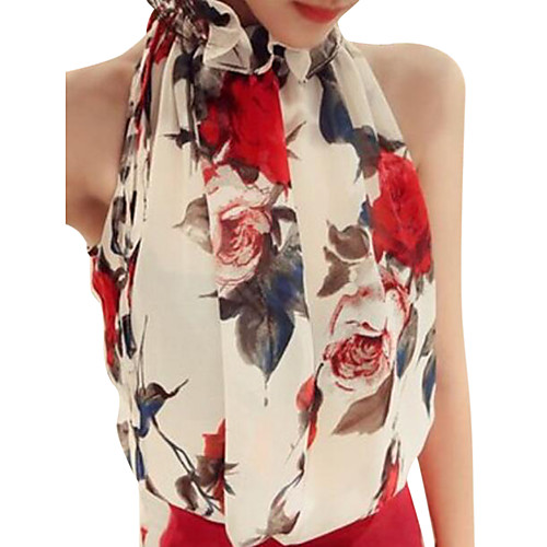 

Women's Blouse Floral Print Sleeveless Party Tops Cotton White Black