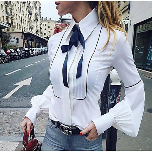

Women's Blouse Shirt Plain Solid Colored Long Sleeve Pleated Fashion Bow Shirt Collar Basic Tops Puff Balloon Sleeve White