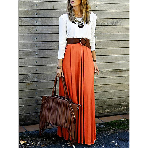 

Women's Swing Dress Maxi long Dress Orange Long Sleeve Solid Colored Patchwork Spring Summer Round Neck Basic Going out Belt Not Included Slim S M L XL / Cotton / Sexy / Cotton