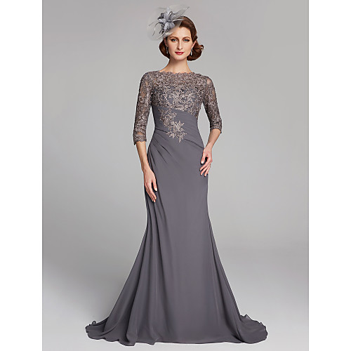 

Sheath / Column Mother of the Bride Dress Plus Size Elegant See Through Bateau Neck Sweep / Brush Train Chiffon Lace 3/4 Length Sleeve with Crystals 2021