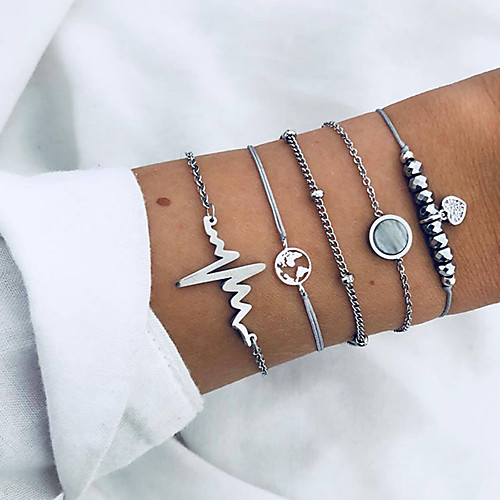 

5pcs Women's Chain Bracelet Charm Bracelet Pendant Bracelet Retro Beads Maps Sweet Heart Heart Rate Ladies Fashion Hip-Hop Boho Resin Bracelet Jewelry Silver For Birthday Daily Going out Bar