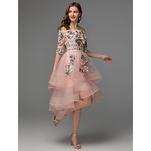 

A-Line Floral Wedding Guest Cocktail Party Dress Off Shoulder Half Sleeve Asymmetrical Satin Tulle with Embroidery Appliques 2021