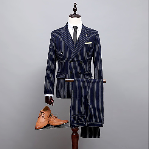 

Men's Party / Evening Suits Peak Standard Fit Double Breasted Six-buttons Straight Flapped Striped Polyester