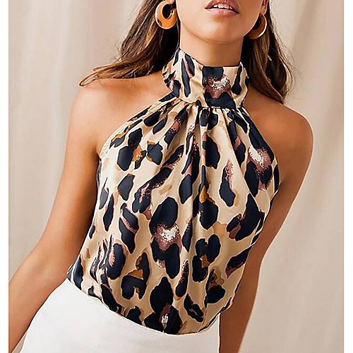 

Women's Blouse Tank Top Shirt Leopard Cheetah Print Halter Neck Tops Slim Yellow