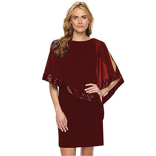 

Women's Chiffon Dress Knee Length Dress Wine Black Dark Blue Half Sleeve Solid Colored Sequins Summer Round Neck Sophisticated Party S M L XL XXL 3XL / Plus Size / Plus Size