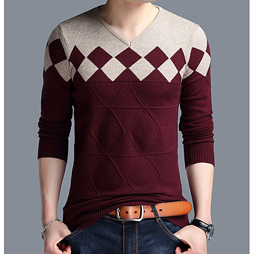 

Men's Daily Basic Color Block Long Sleeve Plus Size Regular Pullover Sweater Jumper, V Neck Wine / Orange / Camel M / L / XL