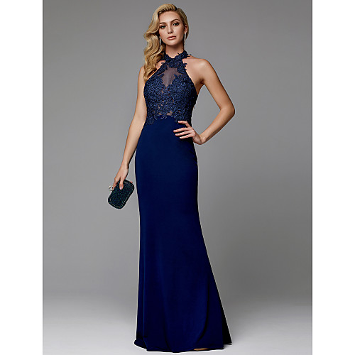 

Sheath / Column Sexy Prom Formal Evening Dress Halter Neck Sleeveless Floor Length Spandex with Appliques 2021