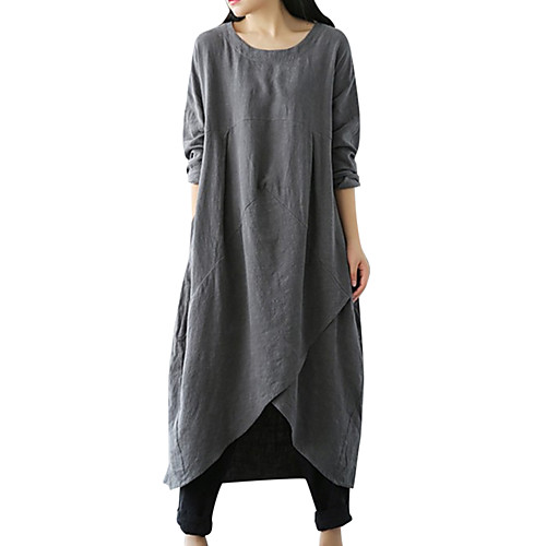 

Women's Tunic Midi Dress Gray Green Black Long Sleeve Solid Colored Round Neck Basic Loose M L XL XXL 3XL 4XL 5XL / Plus Size / Plus Size