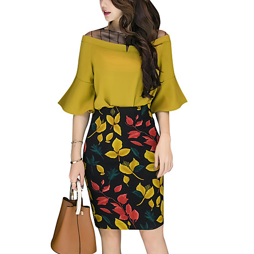 

Women's Basic Work Two Piece Set Blouse Skirt Print Flare Cuff Sleeve Tops