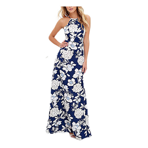 

Women's Strap Dress Maxi long Dress Blue Sleeveless Floral Backless Summer Boho Holiday Beach Boho Bohemia Beach S M L XL / Cotton / Cotton