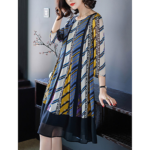 

Women's Chiffon Dress Knee Length Dress Rainbow 3/4 Length Sleeve Striped Pleated Print Spring Summer Round Neck Going out Loose M L XL XXL 3XL / Plus Size / Plus Size