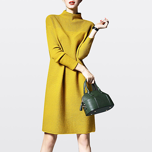 

Women's Sweater Jumper Dress Short Mini Dress Yellow Red Long Sleeve Solid Colored Fall Winter Turtleneck Casual Going out M L XL XXL 3XL 4XL 5XL / Plus Size / Plus Size