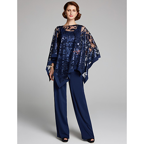 

Pantsuit / Jumpsuit Mother of the Bride Dress Plus Size Elegant Sparkle & Shine Scoop Neck Floor Length Chiffon Sequined Sleeveless with Lace Sequin 2021