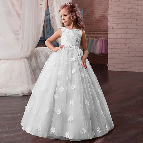 

Princess Long Length Flower Girl Dresses Wedding Tulle Sleeveless Jewel Neck with Appliques / First Communion