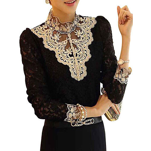

Women's Blouse Shirt Patchwork Long Sleeve Lace Trims Stand Collar Tops Black Beige