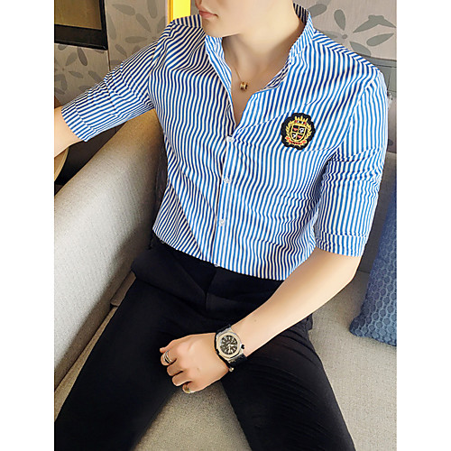 

Men's Shirt Striped Print Half Sleeve Daily Slim Tops Standing Collar Red Light Blue