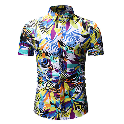 

Men's Shirt Trees / Leaves Print Short Sleeve Daily Tops Basic Streetwear Classic Collar Blue White Brown / Club