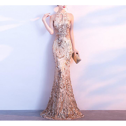 

Mermaid / Trumpet Sparkle Prom Formal Evening Dress Halter Neck Sleeveless Sweep / Brush Train Sequined with Sequin Appliques 2021