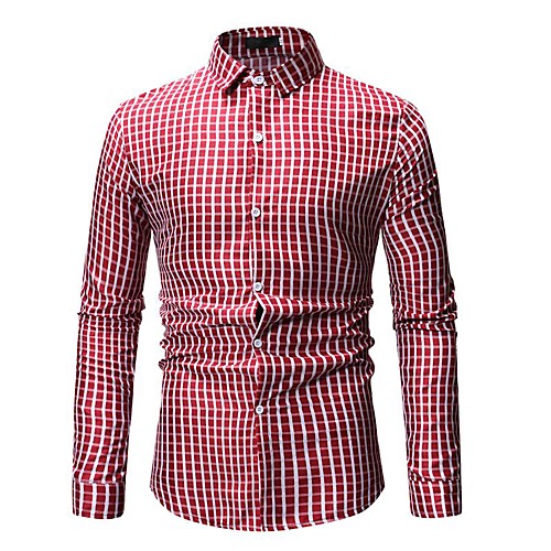 

Men's Shirt Houndstooth Plaid Check Print Tops Cotton Blue Red