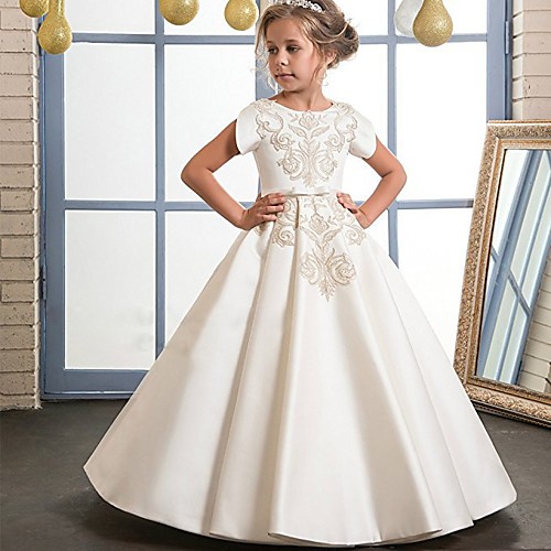 

Princess Floor Length Flower Girl Dresses Wedding Lace Short Sleeve Jewel Neck with Buttons / First Communion