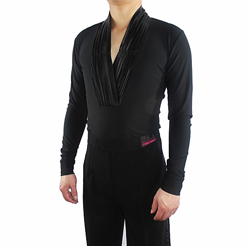 

Latin Dance Top Ruching Split Joint Men's Performance Long Sleeve Crystal Cotton Tulle