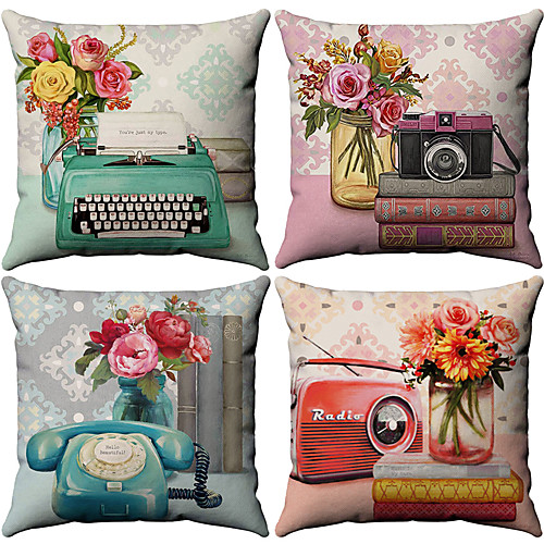 

Set of 4 Cotton / Faux Linen Pillow Cover, Floral Pattern Floral Print Flower Patterned Throw Pillow