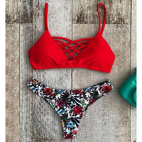 

Women's Bikini Swimsuit Print Floral Red Swimwear Halter Neck Bathing Suits Floral / Sexy