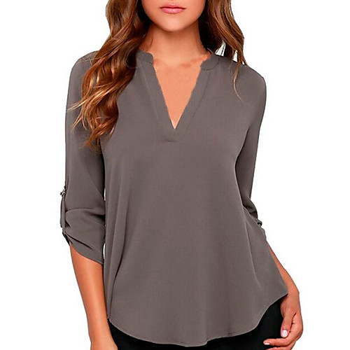 

Women's Plus Size Blouse Shirt Solid Colored Long Sleeve Chiffon Fashion V Neck Tops White Black Blue