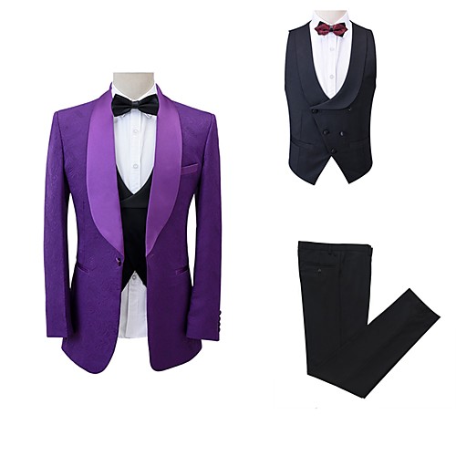 

Men's Party / Evening Suits Shawl Collar Tailored Fit Single Breasted One-button Straight Piped Patterned Polyester