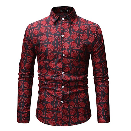 

Men's Shirt Geometric Print Long Sleeve Daily Tops Cotton Basic Black Blue Red