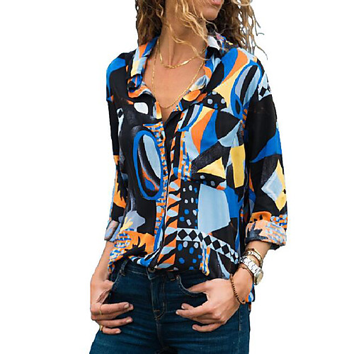

Women's Geometric Slim Blouse Daily Shirt Collar Blue / Green