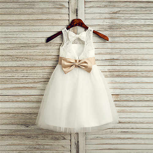 

Princess Tea Length Flower Girl Dresses Wedding Lace Sleeveless Jewel Neck with Belt / First Communion