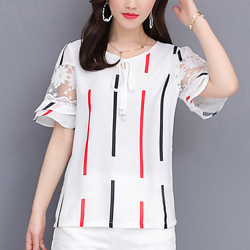 

Women's Blouse Shirt Striped Plaid Check Lace up Ruffle Mesh V Neck Business Basic Tops Blue Red Yellow