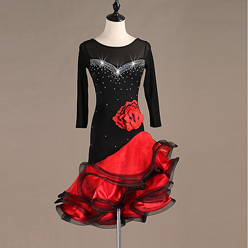 

Latin Dance Dress Embroidery Split Joint Crystals / Rhinestones Women's Performance Long Sleeve Spandex