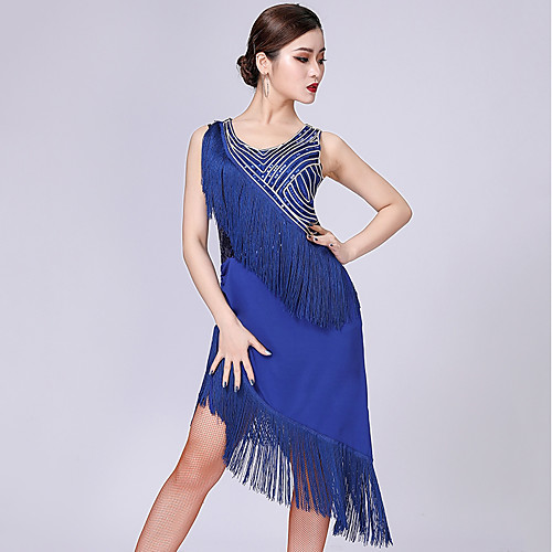 

Latin Dance Dress Tassel Paillette Women's Performance Sleeveless Milk Fiber