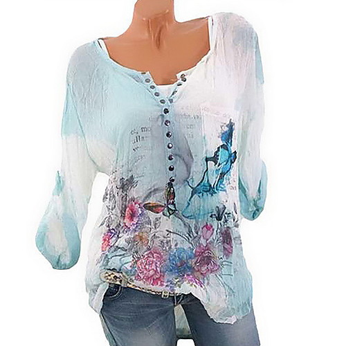 

Women's Plus Size Blouse Shirt Floral Flower Long Sleeve Print Round Neck Casual Chinoiserie Tops Blue