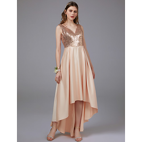 

A-Line V Neck Floor Length Satin Bridesmaid Dress with Pattern / Print