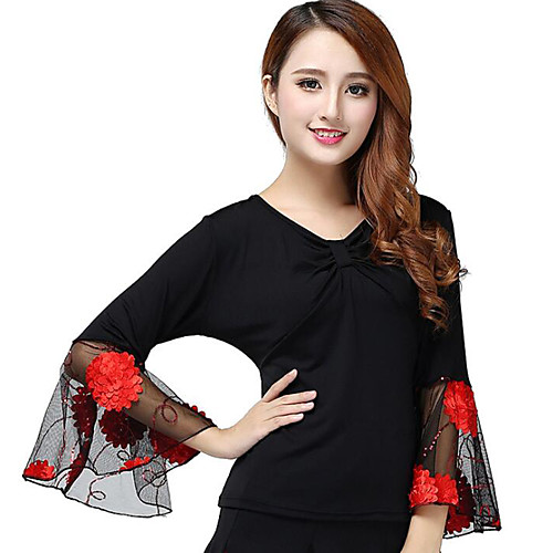 

Ballroom Dance Top Appliques Split Joint Women's Training Performance Short Sleeve Mesh Polyester