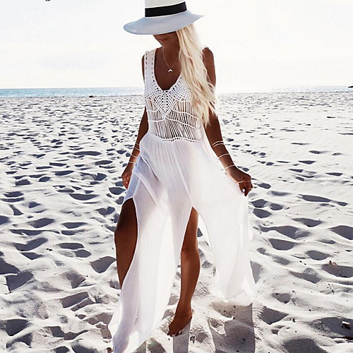 

Women's Maxi Sheath Dress - Sleeveless Solid Color Deep V Daily Wear Beach Slim White One-Size