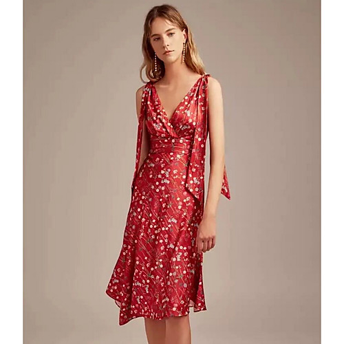 

Women's Strap Dress Knee Length Dress Red Sleeveless Floral Print Slim S M L