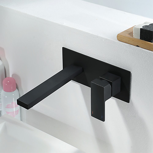

Brass Wall Mount Bathroom Sink Faucet,Black Single Handle One Hole Bath Taps with Hot and Cold Switch