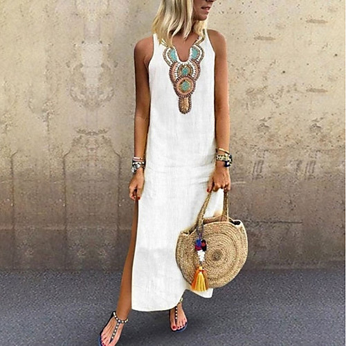 

Women's Blazer Dresses Maxi long Dress Yellow Wine Gray Green White Sleeveless Tribal Split Print Summer V Neck Hot Casual Boho Holiday Beach 2021 S M L XL XXL / Plus Size / Plus Size