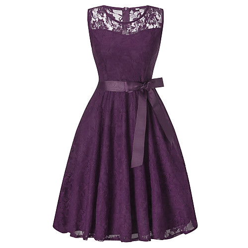 

A-Line Hot Holiday Cocktail Party Dress Illusion Neck Sleeveless Knee Length Lace with Bow(s) Lace Insert 2021
